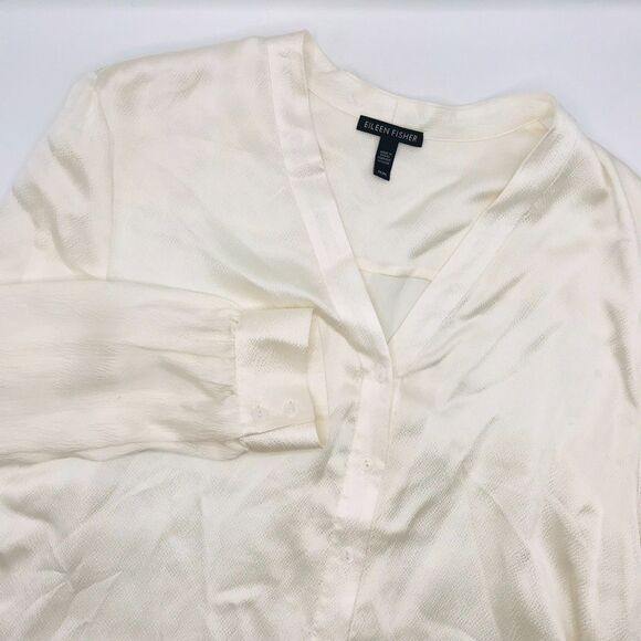 Eileen Fisher Silk Long Sleeve V Neck Blouse Classic Ivory Preppy Women's Size M - Picture 4 of 12
